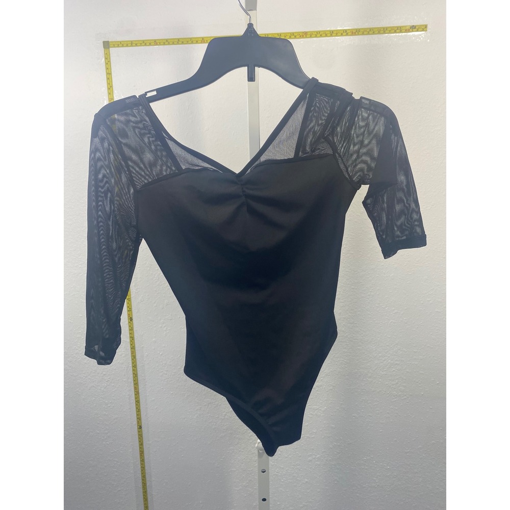 Girls Black Mesh Sleeve Twisted Cut Out Back Bodysuit Size 12Y Dance Gymnastics